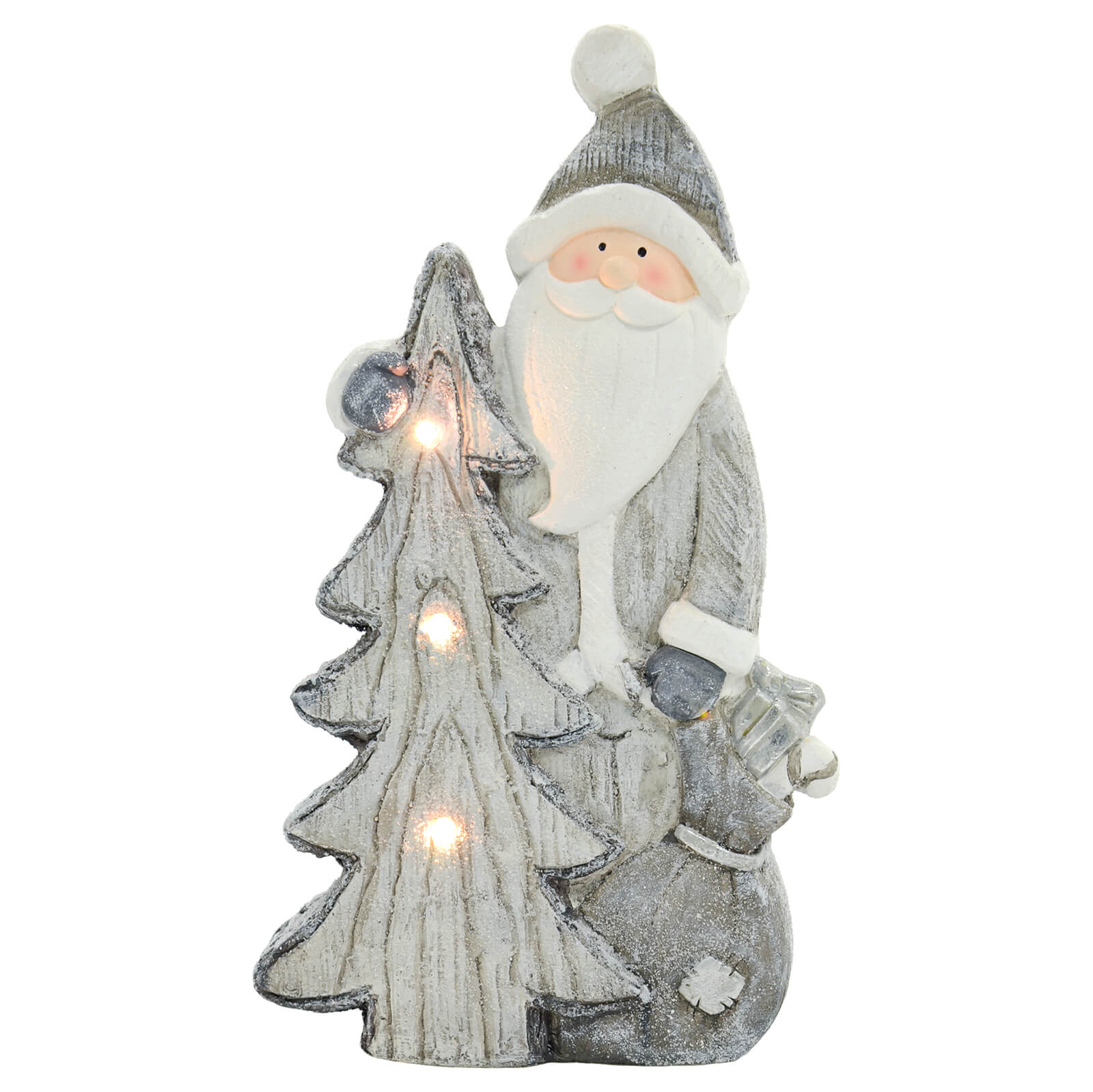 Grey and white Santa with Christmas tree ceramic ornament with 3 warm white LED lights on the tree